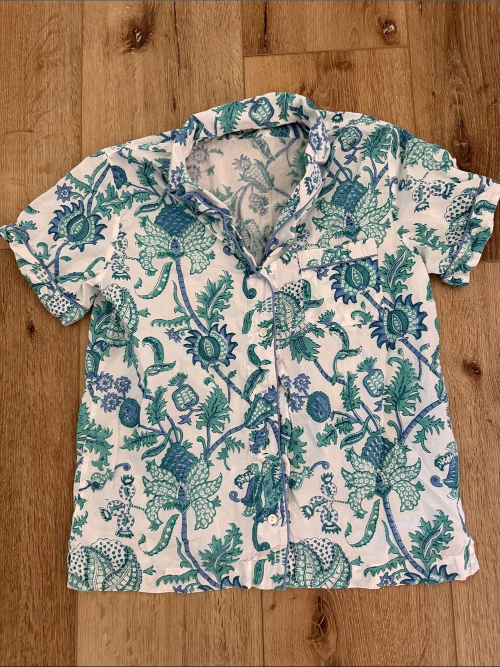 Roller Rabbit | Short Sleeve Button-Down Shirt | Blue-Green Floral Print | S
